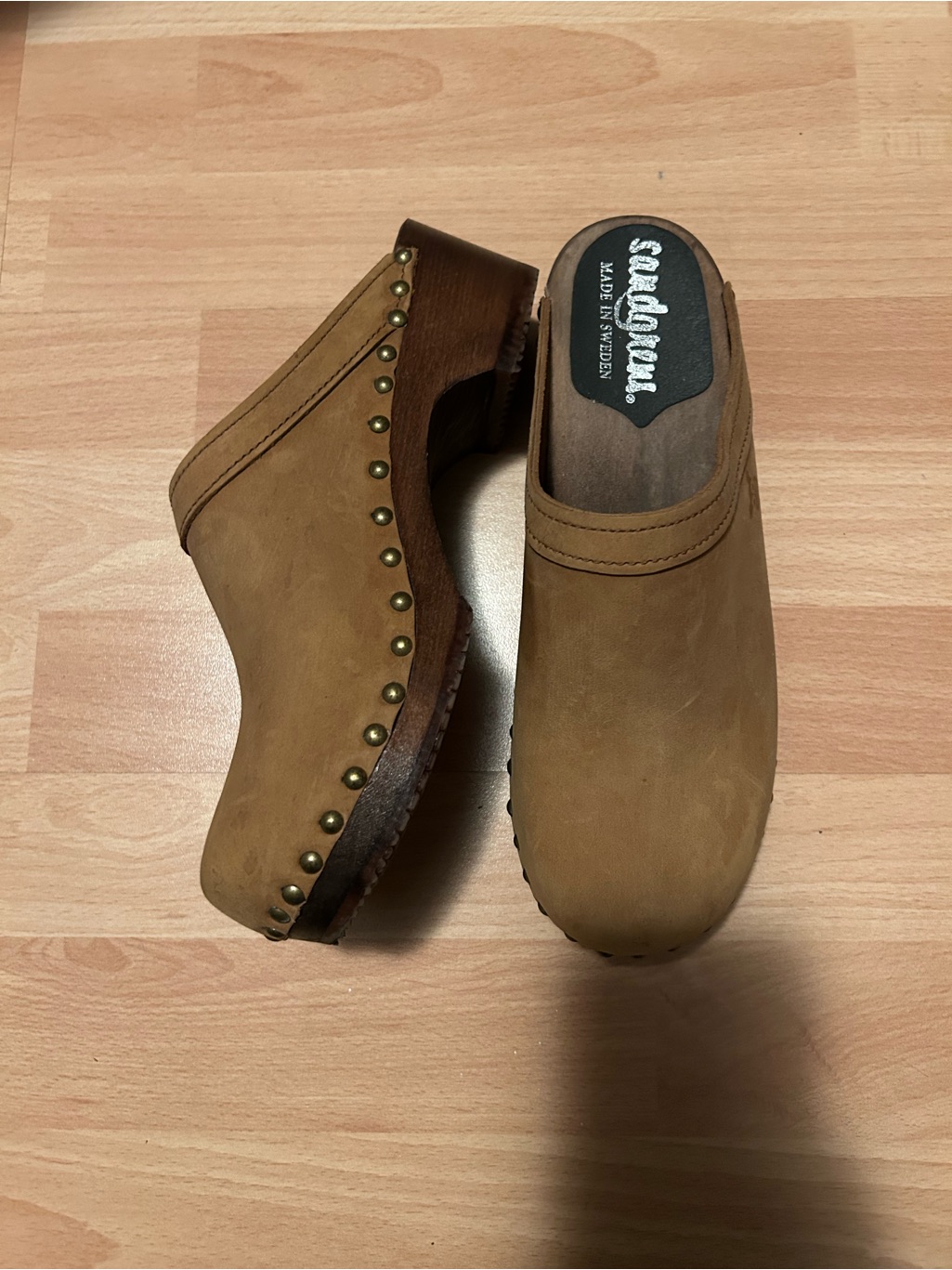 Swedish Hasbeens Tan Nubuck Clog Mules